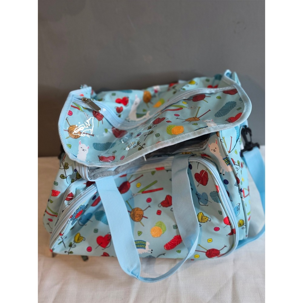 Llama Yarn Storage Bag Knitting Crochet Project Organizer Light Blue Duffel